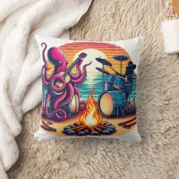 Octopus Playing Guitar Near Campfire at Sunset Throw Pillow