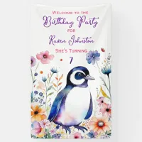 Penguin in Flowers Girl's Birthday Party Welcome Banner