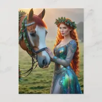 Festive Woman and Her Horse Christmas Postcard