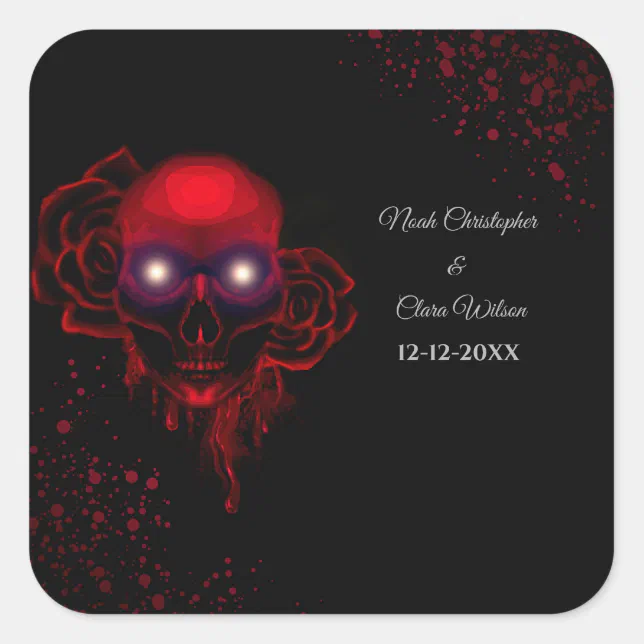 Black red floral dark moody gothic skull halloween square sticker