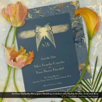 Art Deco Butterfly Monogram Blue and Gold Wedding Save The Date