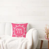 Feminine Rose Pink White Sunray Monogram  Throw Pillow