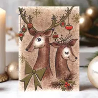 Vintage Buck And Doe Deer Christmas Holiday Card