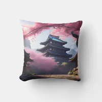 Anime Cherry Blossom & Tranquil Pagoda Landscape Throw Pillow