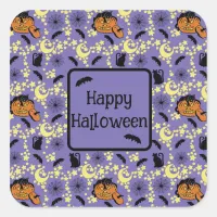 Cute Halloween Cats, Bats and Stars Square Sticker