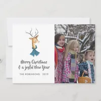 Retro Damask Reindeer Christmas Family Photo Holiday Card