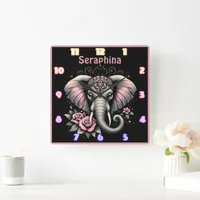 Elephant with elegant roses illustration square wall clock