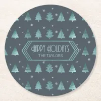 Christmas Trees and Snowflake Pattern Teal ID863 Round Paper Coaster