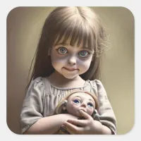 Cute Little Girl with Big Eyes and Creepy Doll Square Sticker