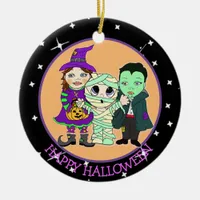 Double Sided Halloween Kids and Bats Keepsake Ceramic Ornament