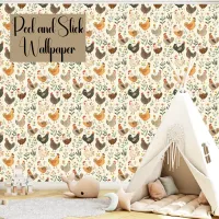 Chickens and Flowers Peel And Stick Gender Neutral Wallpaper