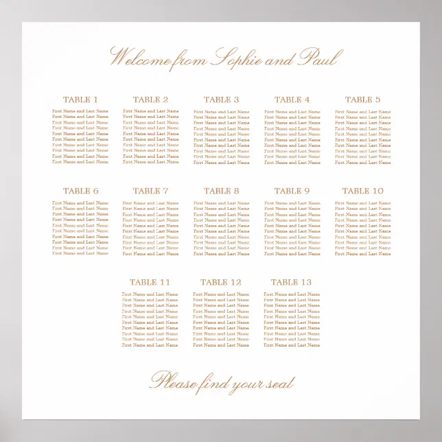 White Golden Beige 13 Table Wedding Seating Chart