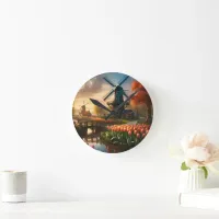 Windmill in Dutch Countryside by River with Tulips Round Clock