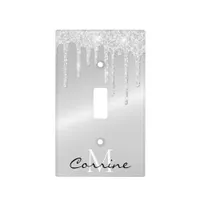 Monogram Metallic Platinum Silver Dripping Glitter Light Switch Cover