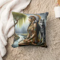 Native American Woman With Wolf by Tranquil River Throw Pillow