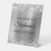 Glittery Silver Foil Sweet Sixteen Welcome Pedestal Sign