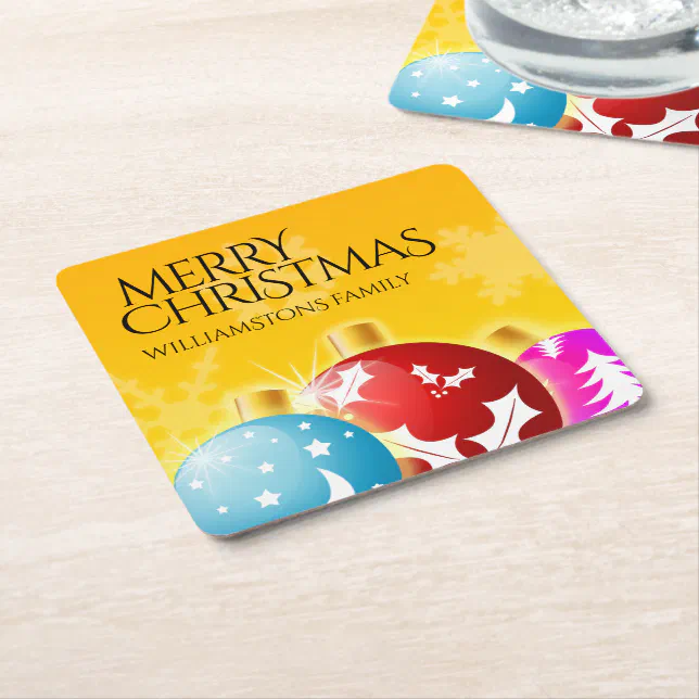 Merry Christmas with Festive Holiday Ornaments Square Paper Coaster