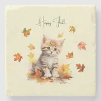 Cute Orange Tabby Kitten in Fall Leaves Stone Coaster