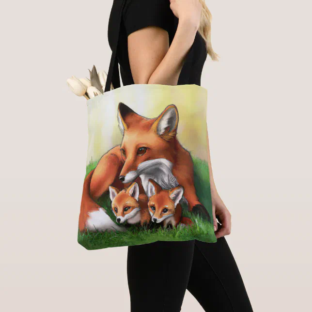 Red Fox Mother and Kits in the Grass Tote Bag