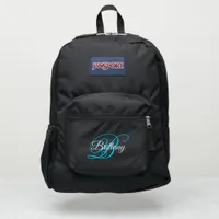 Aqua Blue and White Fancy Calligraphy Monogram JanSport Backpack