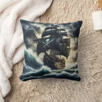 Pirate Ship Navigating Stormy Seas at Dusk Throw Pillow