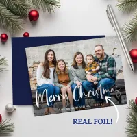 Blue Silver Foil Script Christmas Holiday Photo