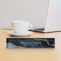 Navy Blue Gold Agate White Professional Elegant Desk Name Plate