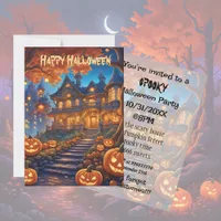 Spooky villa in the forest, pumpkins, Halloween Invitation