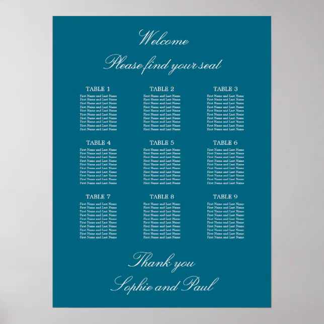 Turquoise 9 Table Wedding Seating Chart Poster