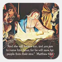 Bible Verse, Matthew 1:21 Mary and Jesus Christmas Square Sticker