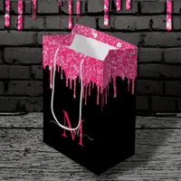 Monogram Metallic Hot Pink Dripping Glitter Black Medium Gift Bag