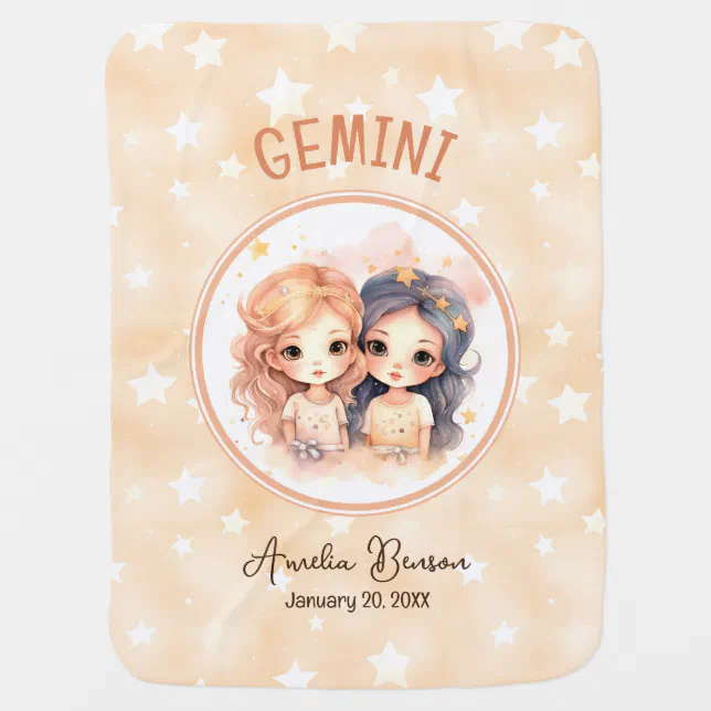 Cute Watercolor Illustration Gemini Zodiac Name Baby Blanket