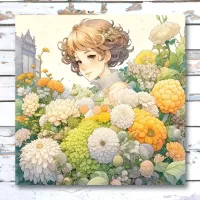 Pretty Anime Girl in Yellow and White Flowers   Poster