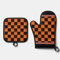 Retro Halloween Orange and Black Check  Oven Mitt & Pot Holder Set