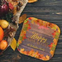 Fall Autumn Leaves On Barn Wood Happy Thanksgiving Paper Plates