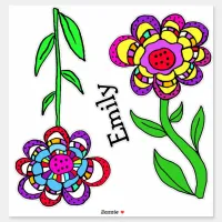 Colorful Whimsical Flowers and Name  Sticker