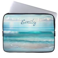 Pretty Blue Ocean Waves and Sea Glass Personalized Laptop Sleeve