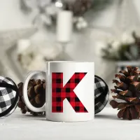 Red and Black Buffalo Plaid Bold Letter K Monogram Coffee Mug