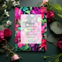 Fuchsia, Emerald Green and Black Floral Wedding Invitation