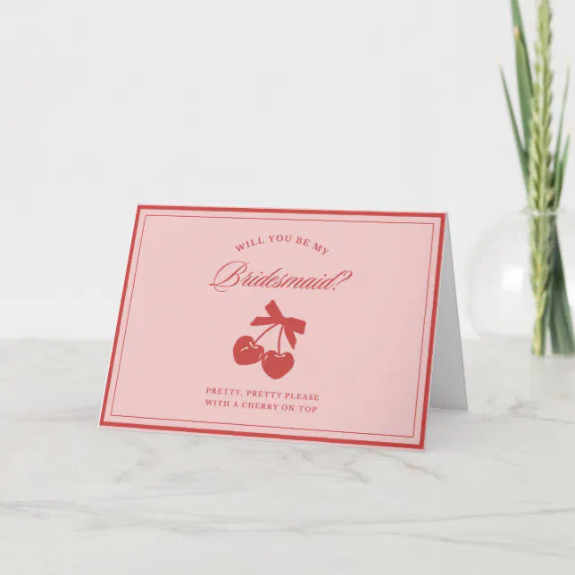 Clean Aesthetic Bow & Cherry Bridesmaid Proposal  Card