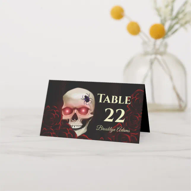 Black floral dark moody gothic skull red roses place card