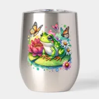 Personalized Frog with Flowers on Lilypad Insulate Thermal Wine Tumbler