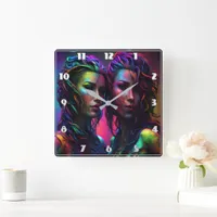 Colorful Dual Portrait of Women With Curly Hair Square Wall Clock