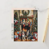 Festive decorated room, fireplace, cats, vintage  holiday postcard