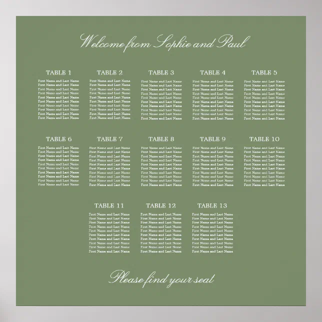 Sage Green 13 Table Wedding Seating Chart Poster