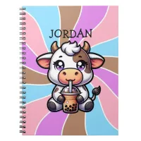 Cute Baby Cow Drinking Boba Kawaii Cartoon Notebook