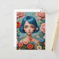 Blue Hair and Flowers Postcard