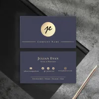 Elegant Navy Blue Gold Professional Shiny Monogram Business Card