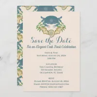 Elegant Crab Feast-Watercolor Blue Crabs, Seashell Invitation