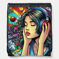 Girl Listening to Music on Headphones Psychedelic Drawstring Bag